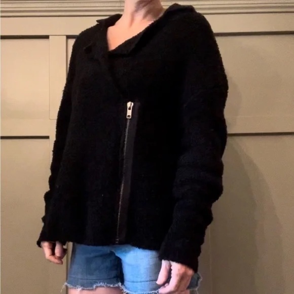 Free People Addicted To You Moto Sherpa Teddy Sweater Jacket Black Size Small - Picture 1 of 15